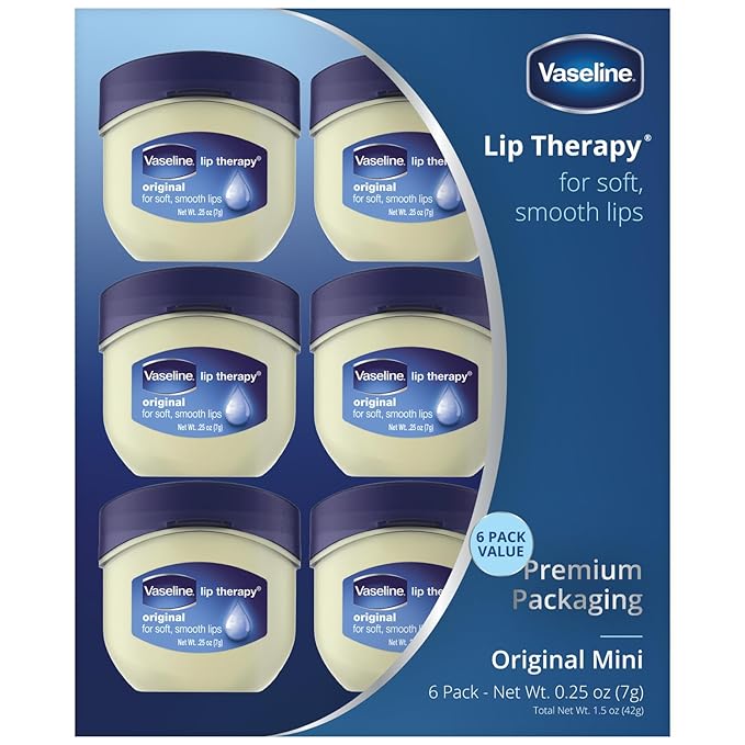 Vaseline Lip Therapy Original – Mini Vaseline Lip Balm, Hydrating Petroleum Jelly, Clear Lip Gloss, Travel-Size, 0.25 Oz Ea (Pack of 6)