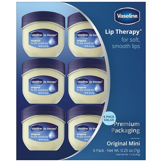 Vaseline Lip Therapy Original – Mini Vaseline Lip Balm, Hydrating Petroleum Jelly, Clear Lip Gloss, Travel-Size, 0.25 Oz Ea (Pack of 6)