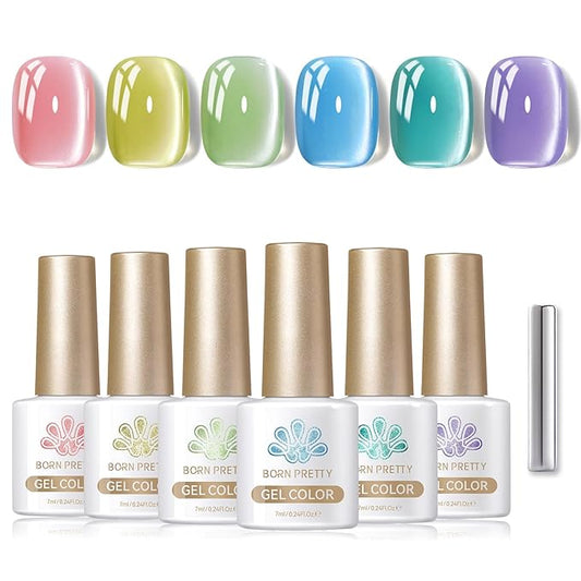 BORN PRETTY Magnetic Gel Nail Polish Pastel Water Light Cat Magnetic Eye Gel Jelly Glass Crystal Magnetic Gel Polish Glitter Shimmer Auroras Magnetic Gel Nail Art Manicure Kit 6PCS