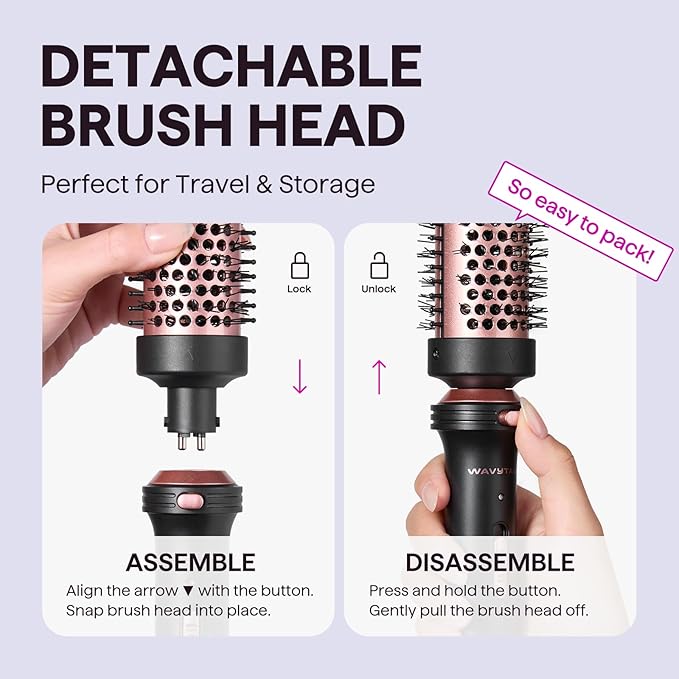 Wavytalk Thermal Brush, 1 1/2 inch Heated Round Brush with Detachable Head, Velvet Pouch and Dual Voltage for Travel, Easy to Create Blowout Look, Rose Gold