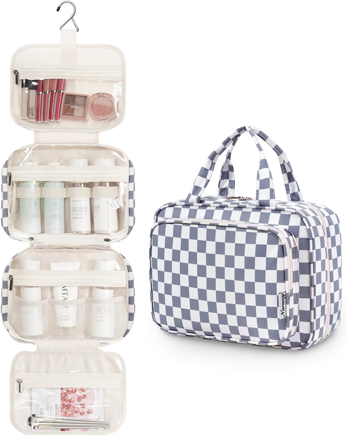 Narwey Hanging Toiletry Bag for Women Travel Makeup Bag Organizer Toiletries Bag for Travel Size Essentials Accessories Cosmetics (Grayish Blue Checkerboard (Medium))