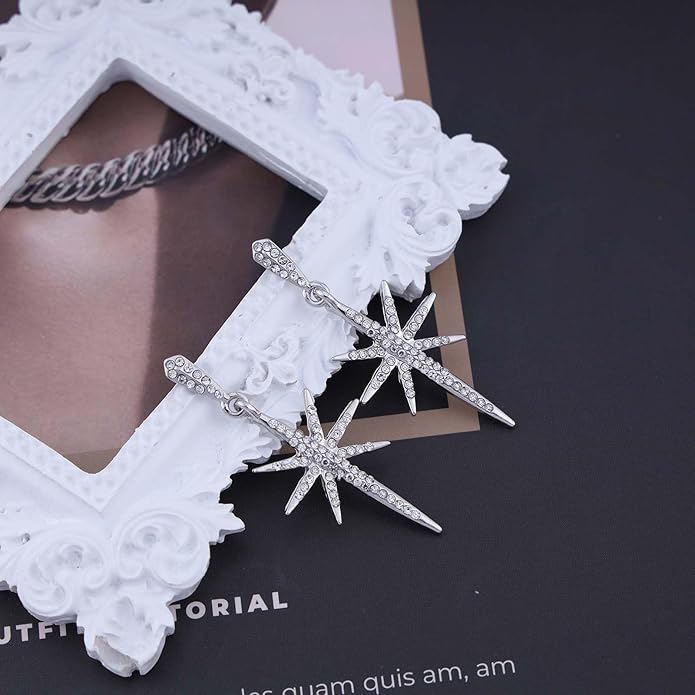 Vintage Crystal Northstar Dangle Earrings Rhinestone Northstar Studs Earrings Gold Cz Star Drop Earrings Sparkly Cz Starburst Earrings Jewelry for Women