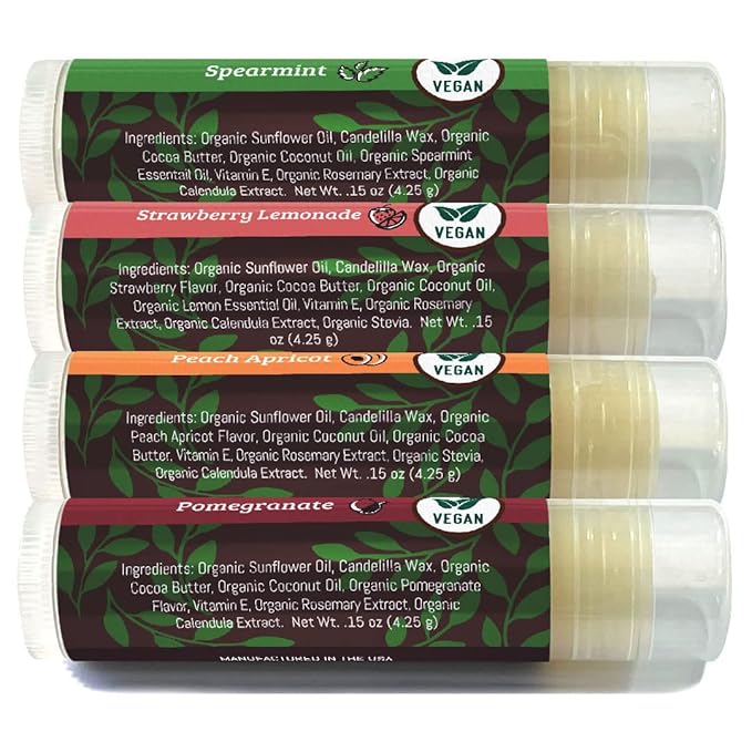 Vegan Lip Balm by Earth’s Daughter, Beeswax Free Lip Balm, Natural, Organic Flavors - 4 Pack of Assorted Flavors, Plant Based Vegan Chapstick, Lip Moisturizer