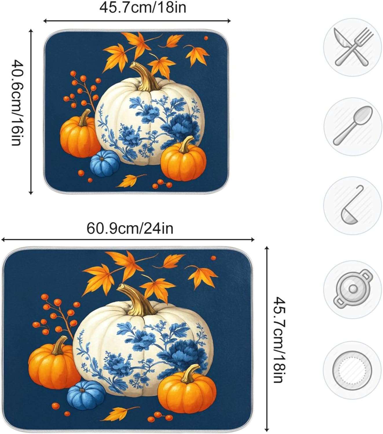Pumpkin Porcelain Blue White Dish Drying Mat for Kitchen Countertop 18x24 Fall Maple Leaves Thanksgiving Day Large Drying Mat Reusable Quick Dry Dish Sink Mats Easy Clean Autumn Decorative Essentials