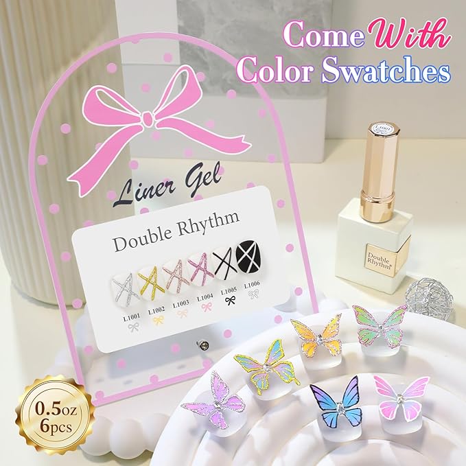 Double Rhythm 6 Pcs 15 ML Gel Liner Polish Nail Art Set Chrome Metallic Glitter Soak Off Gel Polish Kit Nail Art Manicure Salon DIY at Home for Women (Gold Silver Black White-T6-52)