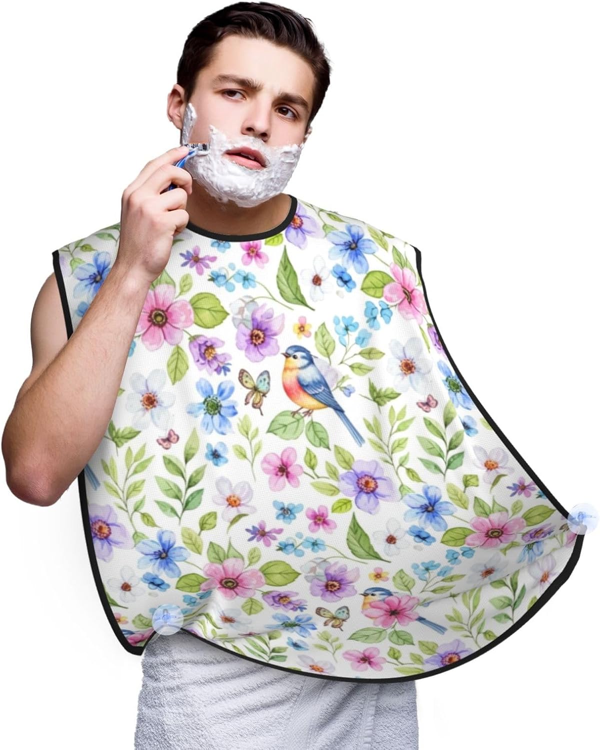 Non-Stick Beard Bib for Shaving, Watercolor Floral Vintage Flowers and Birds Butterflies Peony Flower Shave Bib, Waterproof Hair Catcher with Suction Cups, Grooming Apron Men Husband