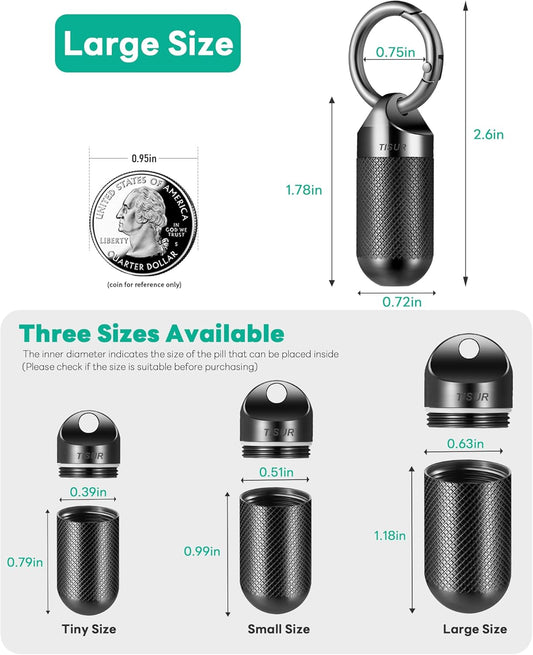 TISUR Small Pill Keychain Container, Mini Portable Titanium Keychain Pill Holder, Pocket Travel Bottle Metal Purse Box Case Black (Large Black-0.63inch)