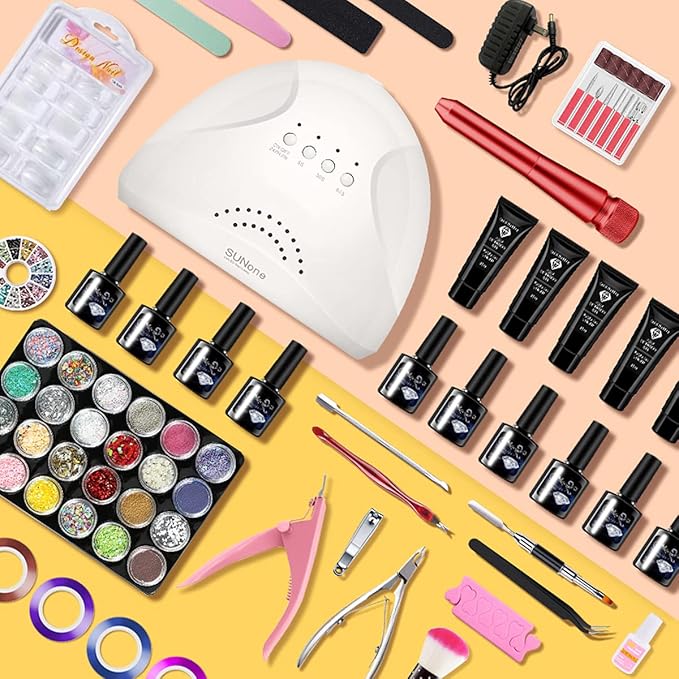 Gel Nail Polish Kit for Women with 6 Colors Extension Poly Nail Gel set, 48W UV Lamp, 12pcs nail polish set with Base Coat and Top coat,Professional Manicure Tool for Home DIY Salon