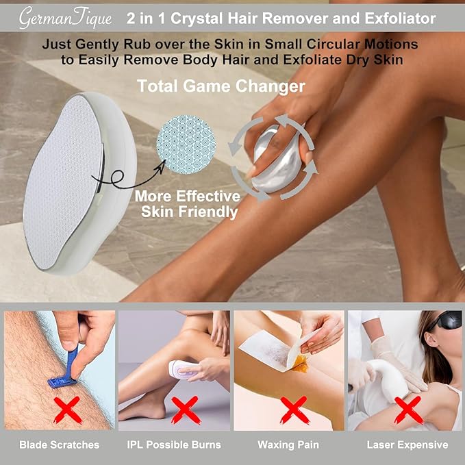 Crystal Hair Eraser,Natural Crystal Hair Remover,Reusable Painless Nano Glass Hair Removal Device Without Shaver,Gentle Crystal Epilator and Exfoliator for Soft Silky Skin(Silver)