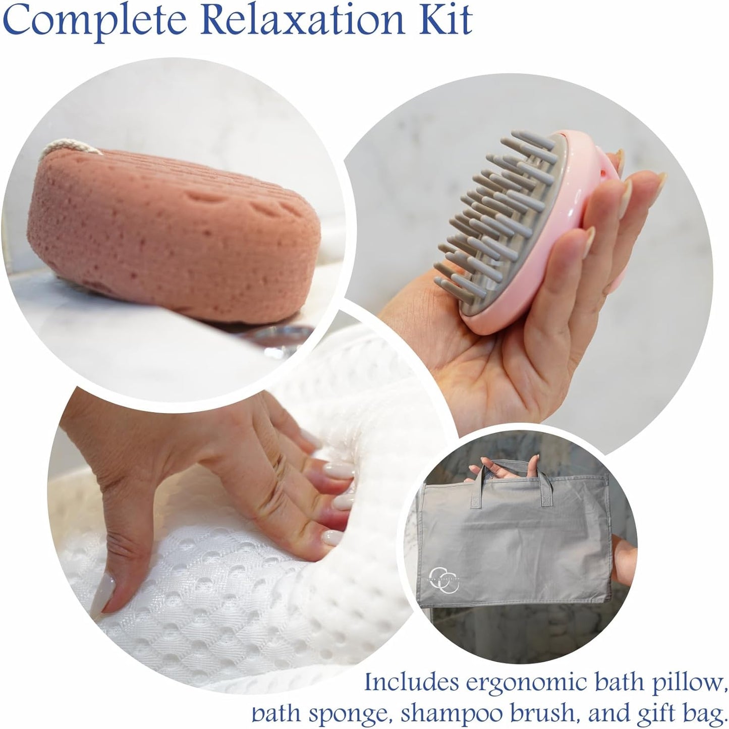 Bath Pillows for tub, Luxury Bathtub Pillow Gift Set, Bath Sponge, Scalp Massage Brush, 4D Air Mesh Cushion, Neck Back Support, Non-Slip Spa Accessories, Relaxing Bath, Gift Bag for Women and Men