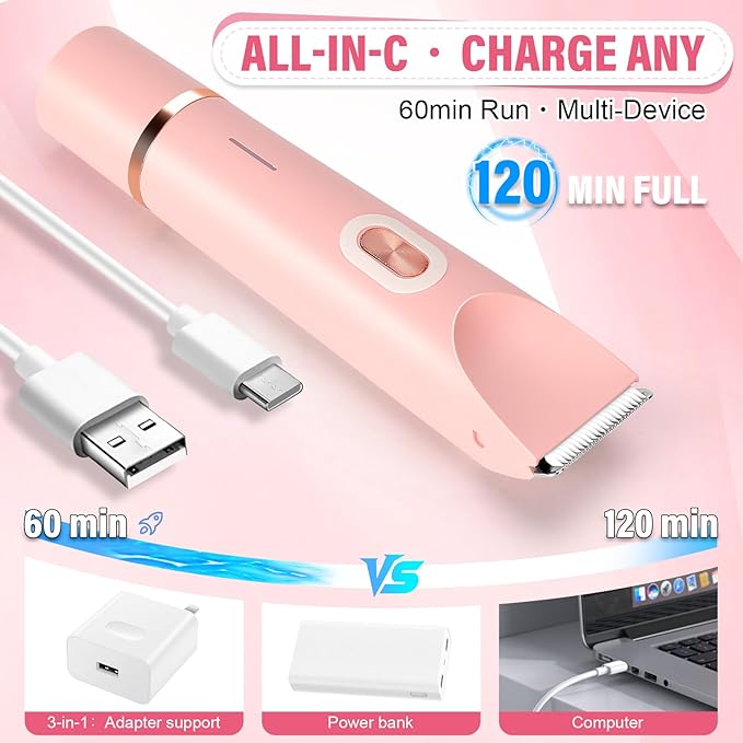 Women's Bikini Trimmer, 2-in-1 Electric Shaver for Bikini Line, Legs, Underarms, Face - Waterproof Women's Electric Shaver for Sensitive Skin, USB Rechargeable (Purple) (Pink)