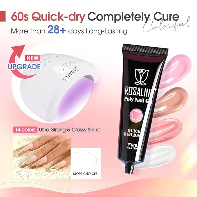 Poly Nail Gel Starter Kit -14 Colors + 75 Nails Art Accessories Kits, ROSALIND Nue Clear Poly Extension Gel with Big UV Light 48W and Electric Nail Drill Starter Kit with Everything