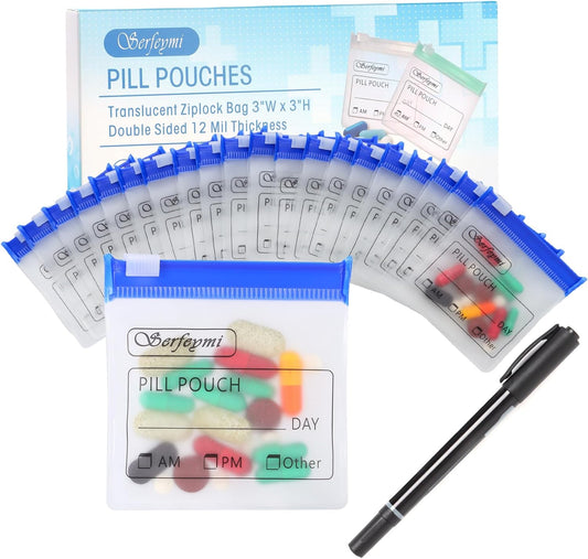 Serfeymi 32 Pcs Zippered Pill Pouches Organizer Plastic Bags 3 X 3 Inches 12 mil Self Sealing with Slide Lock Writable Label Translucent Travel Medicine Storage Bag Case and 1 Pc Marker-Blue