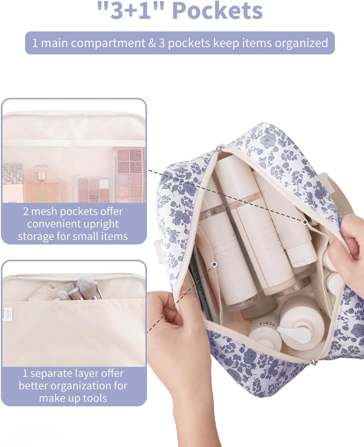 Narwey Full Size Toiletry Bag Women Large Cosmetic Bag Travel Makeup Bag Organizer Medicine Bag for Toiletries Essentials Accessories (Little Grayish Blue Flower, Large)