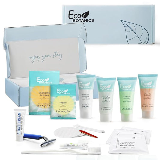 Eco Botanics Amenity & Accessory Kit | 0.85 oz Travel Size Shampoo, Conditioner, Lotion, Body Wash, Body Bar, Cleansing Bar, Shave & Dental Sets, Make-Up Remover Wipes, & Vanity Kit | 1 set per case
