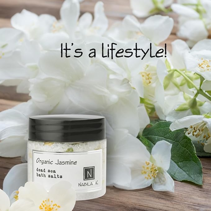 Organic Jasmine Bath Salts by Nabila K - Dead Sea Salt & Epsom Salt Scrub & Soak - Exfoliates & Hydrates Skin, Botanical Essential Oils - Bubble Bath Accessories for All Skins Types, 2 oz