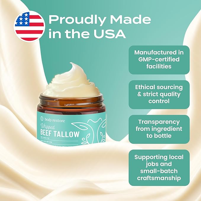 Body Restore Grass Fed Whipped Beef Tallow for Skin, Face, Body, Dry Skin - with Manuka Honey, Jojoba Oil, Birthday Gifts for Women, Men, Travel Essentials, Self Care - Eucalyptus