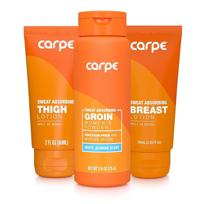 Carpe Women's Sweat Bundle Deal (1x Breast Sweat Absorbing Lotion, 1x Thigh Chafe Lotion, 1x Groin Powder) Women's Deodorant - Helps Absorb Excessive Sweat w/Odor Protection for Sensitive Lady Parts
