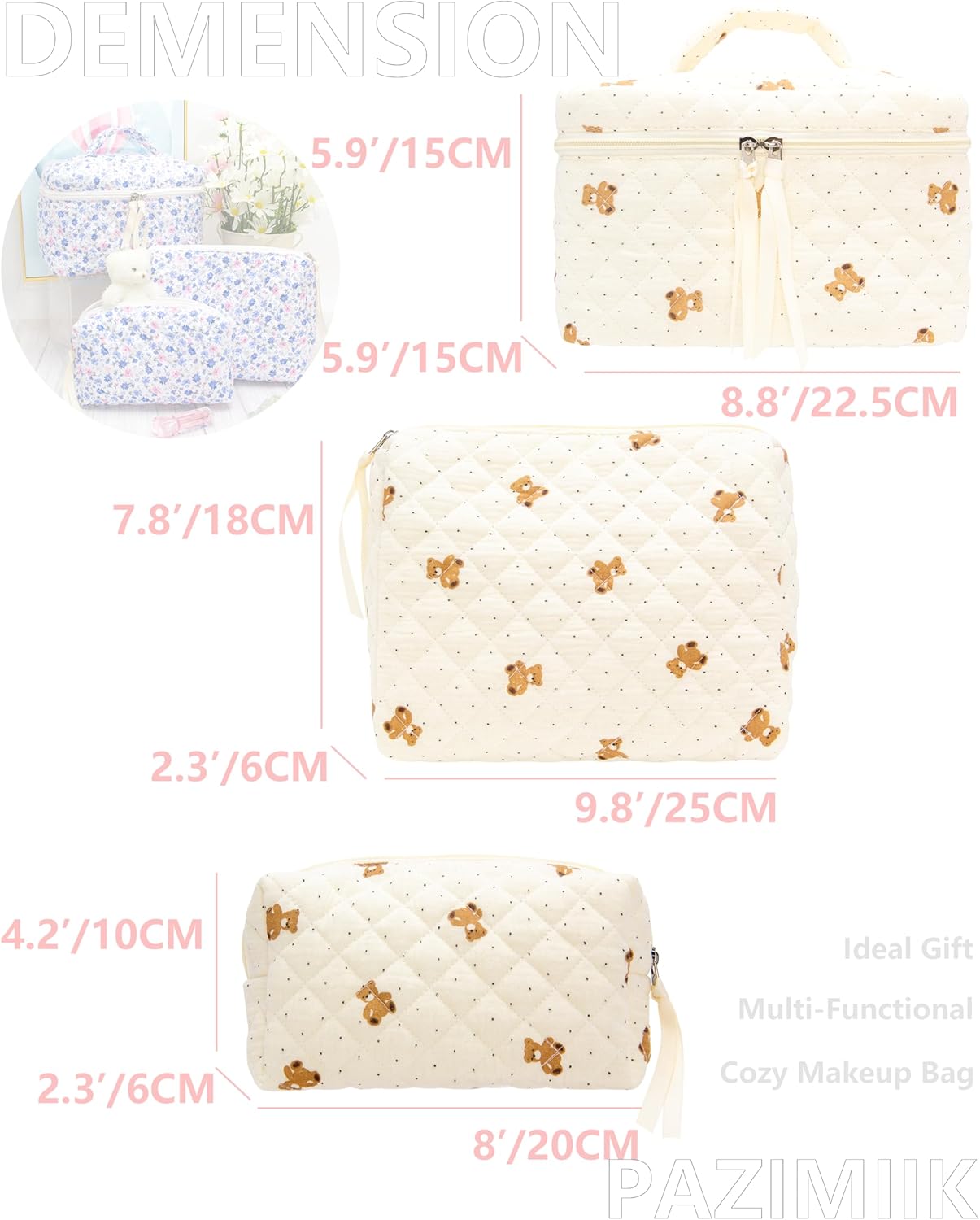 PAZIMIIK 3PCS Makeup Bag SET Large Travel Quilted Zipper Soft Cosmetic Case Pouch for Women Girls Make Up,Gauze Bear