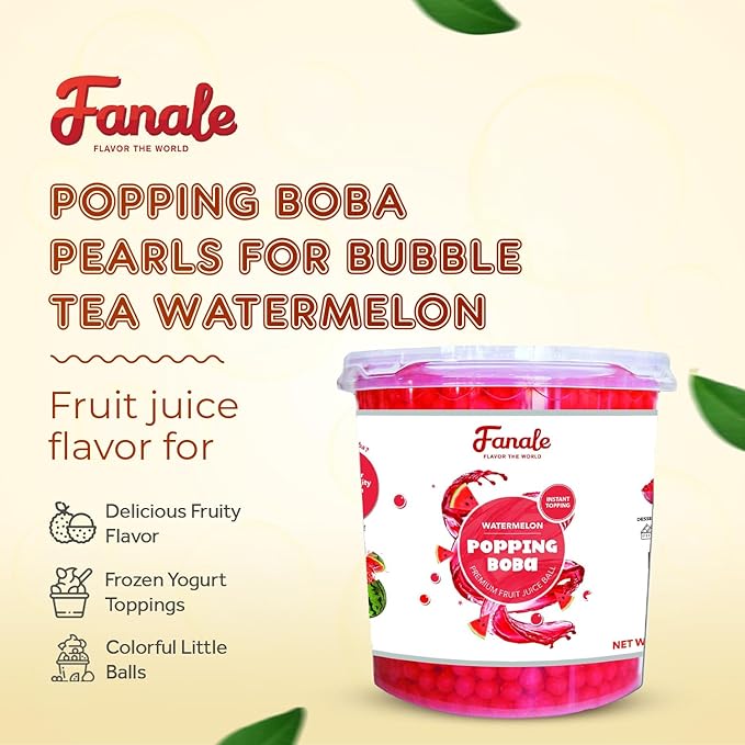 Fanale Watermelon Popping Boba Pearls, Vegan, Non GMO, Gluten Free, Fat Free, Perfect for Bubble Tea, Smoothies, Ice Cream, Desserts, and Beverages.