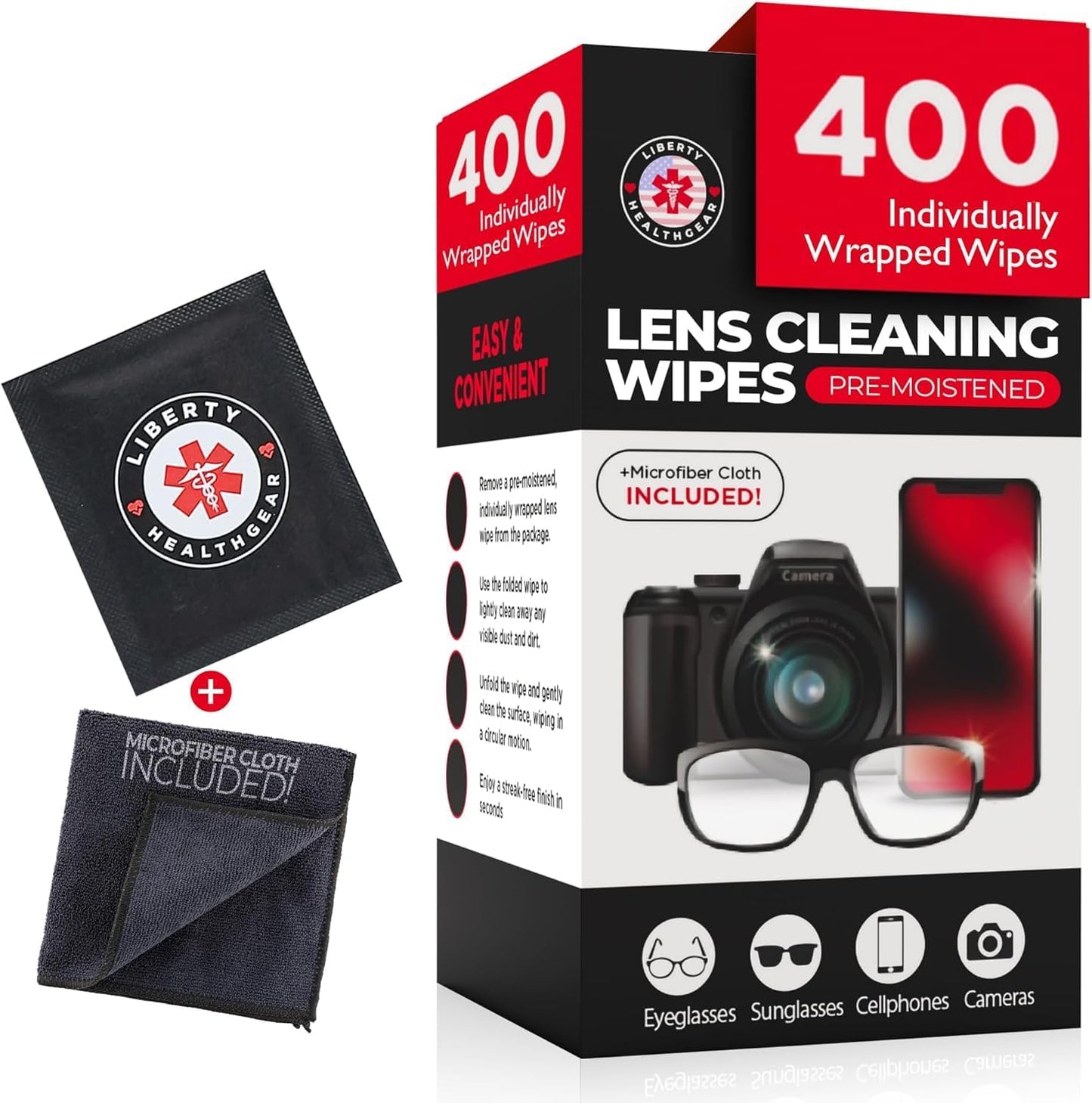 400 Eyeglass Cleaning Wipes + Microfiber Cloth for Eyeglasses & Lens Cleaner | Pre-Moistened, Individually Wrapped, Less Alcohol Formula | Lens Wipes for Eyeglasses, Eye Glasses, Lenses & Screen