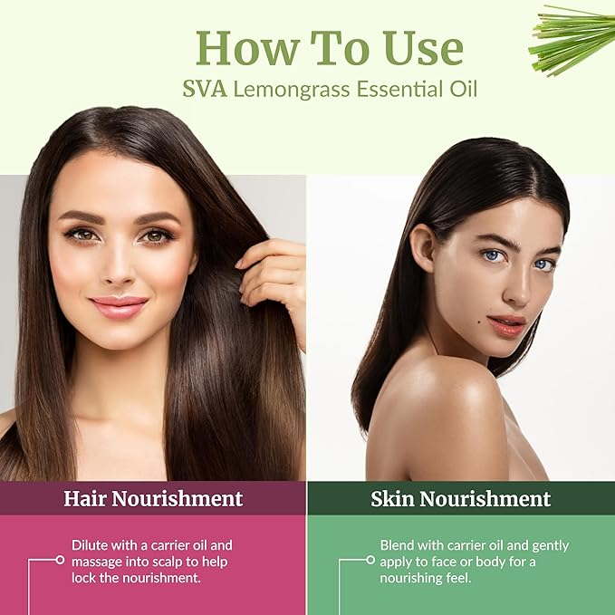 SVA Lemongrass Essential Oil – 4 Fl Oz – 100% Natural Lemongrass Oil - for Diffuser, Hair Care, Face, Skin Care, Aromatherapy, Scalp and Body Massage, Soap and Candle Making - with Dropper