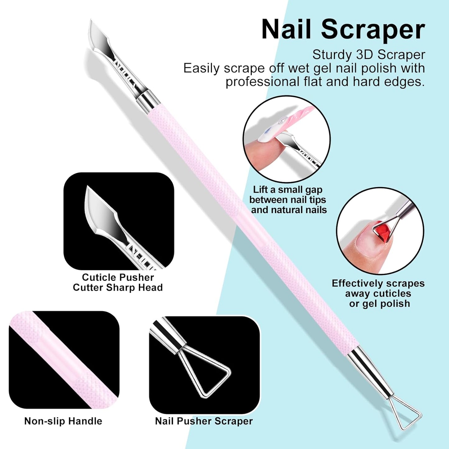 NXJ INFILILA Cuticle Pusher and Cuticle Cutter, 2Pcs Pink Cuticle Pusher Tool Stainless Triangle Cuticle Peeler Scraper Manicure Pedicure Tools Cuticle Remover Kit for Nail Care