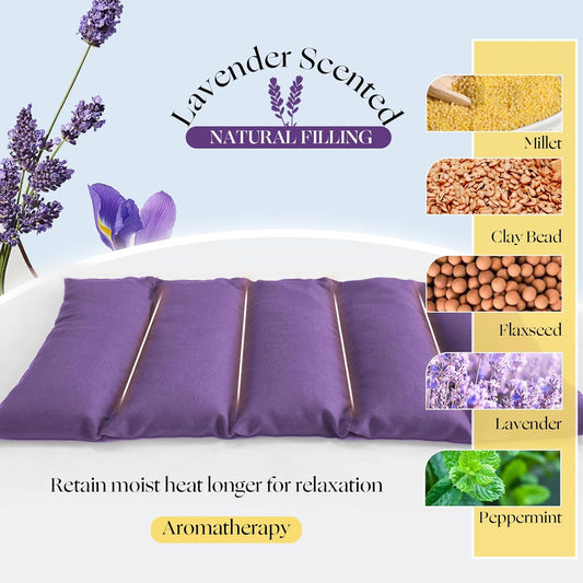 Microwavable Heating Pad with Washable Cover 13x7 Inch Flaxseed Microwave Hot Pack, Lavender Scent, Moist Warm Compress for Relaxation, Non-Electric & Portable