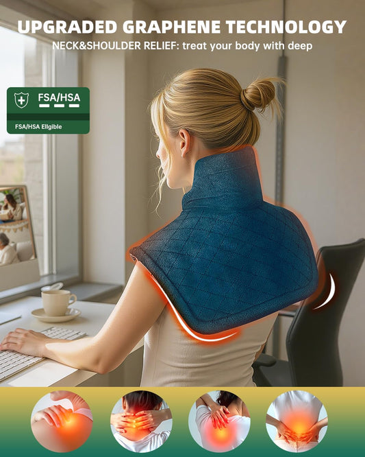 Graphene-Infused Heating Pad for Neck and Shoulders and Back Pain Relief,Upgraded Weighted 3X Deeper Heat Therapy Wrap with 6 Temperature Settings & 4 Auto-Off Timers,Large Heated Wrap, 23"x19"