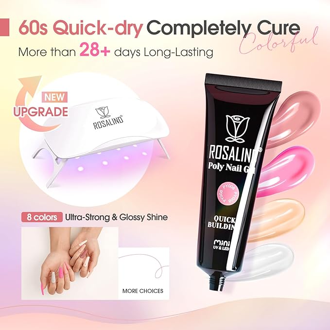 ROSALIND 8PCS Poly Nail Gel Kit with Mini Nail Lamp Clear Nude Purple Brown Poly Extension Gel Kit Mini Starter Kit
