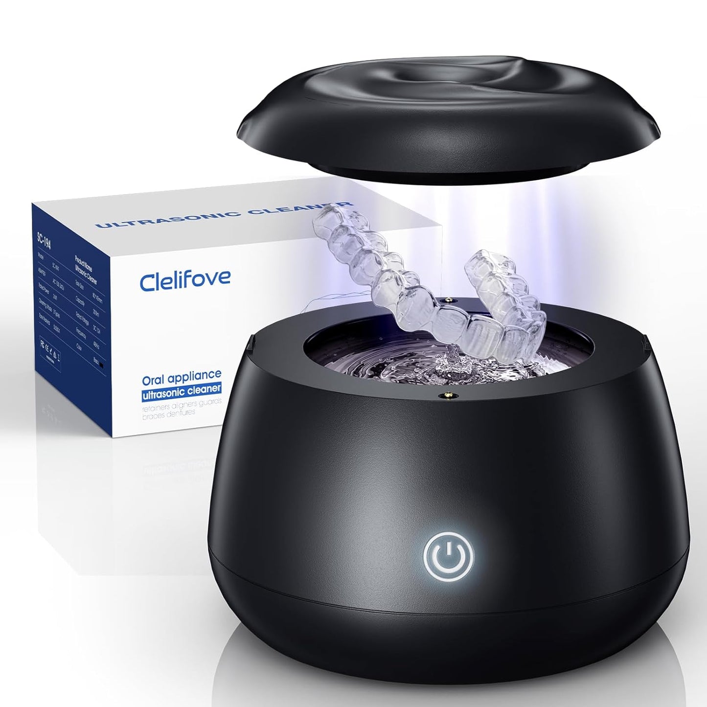 Ultrasonic Retainer Cleaner Machine 48kHz Denture and Aligner Cleaning Pod for Mouth Guards Night Guards Dental Trays Braces Toothbrushes Jewelry with 200ML Capacity (Black)