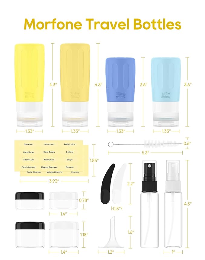 Morfone 16 Pack Silicone Travel Bottles Set for Toiletries TSA Approved Travel Containers Leakproof Squeezable Refillable Accessories 2oz 3oz for Shampoo Conditioner Lotion Liquids (Yellow Blue)
