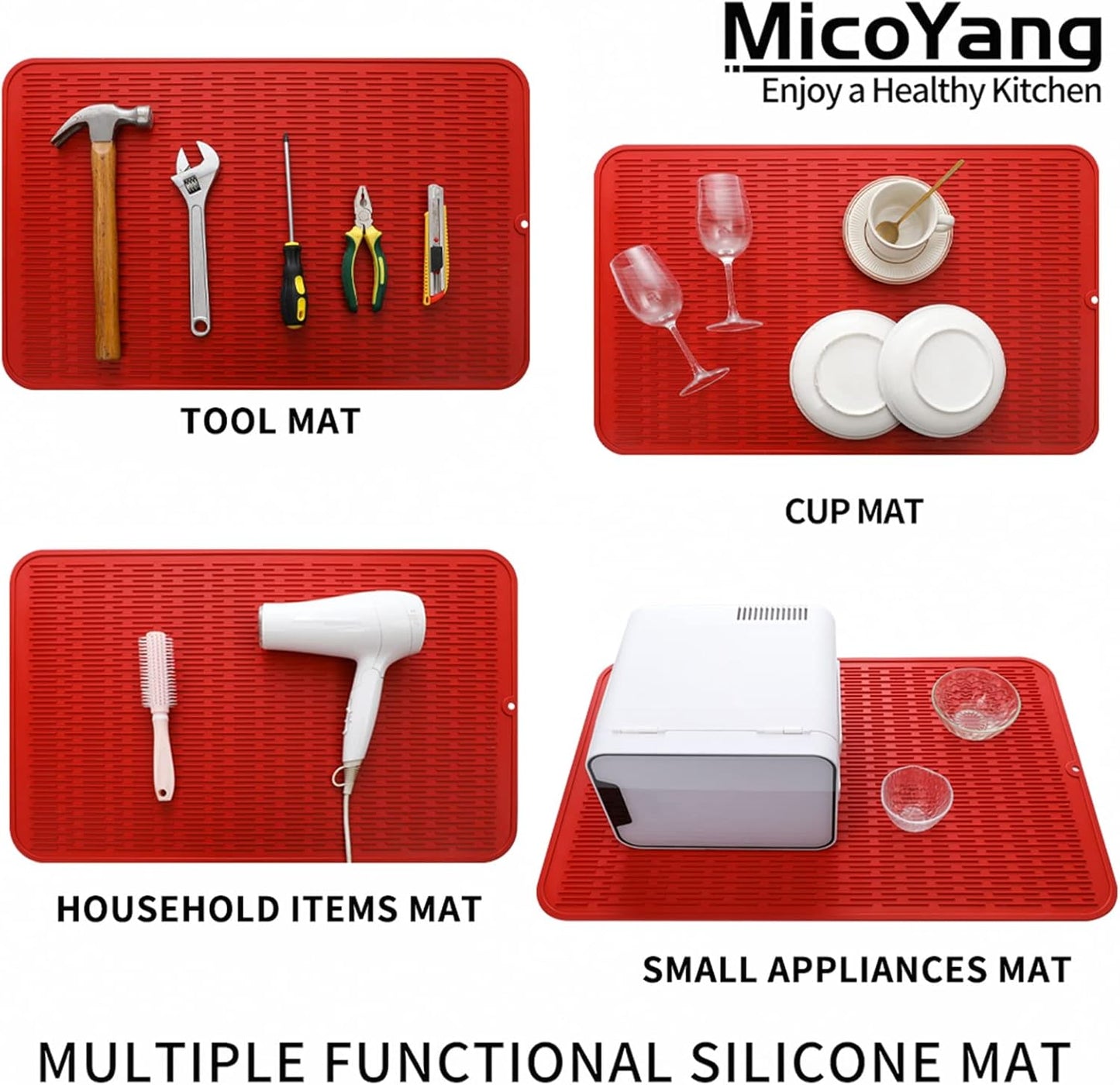 Silicone Dish Drying Mat for Multiple Usage,Easy clean,Eco-friendly,Heat-resistant Silicone Mat for Kitchen Counter or Sink,Refrigerator or Drawer Liner Red 3XL 28 inches x 18 inches