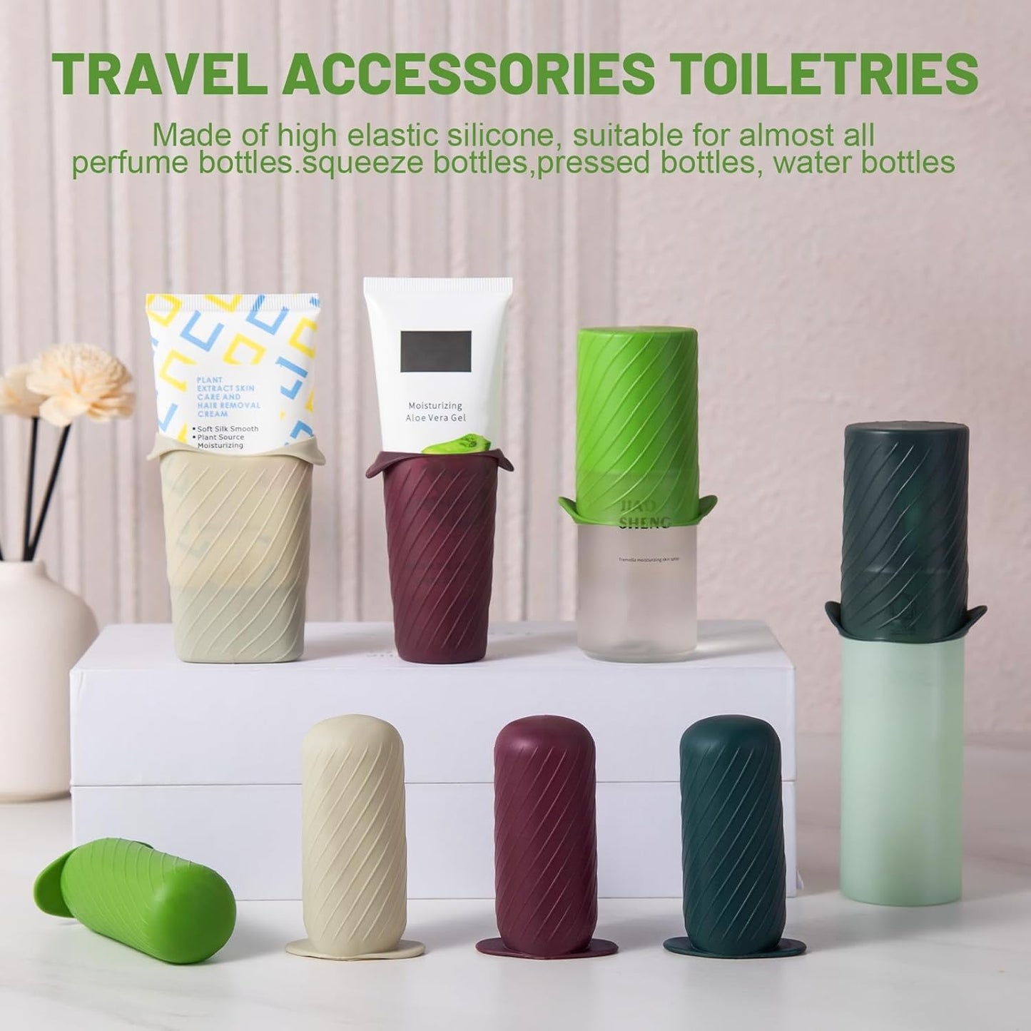 Bottle Covers for Travel, Leak Proofing, Travel Size Container Silicone toiletry sleeves, Leak Locks Travel Accessories for Shampoo Wash Body Bottles and other beauty and personal care(8pcs)