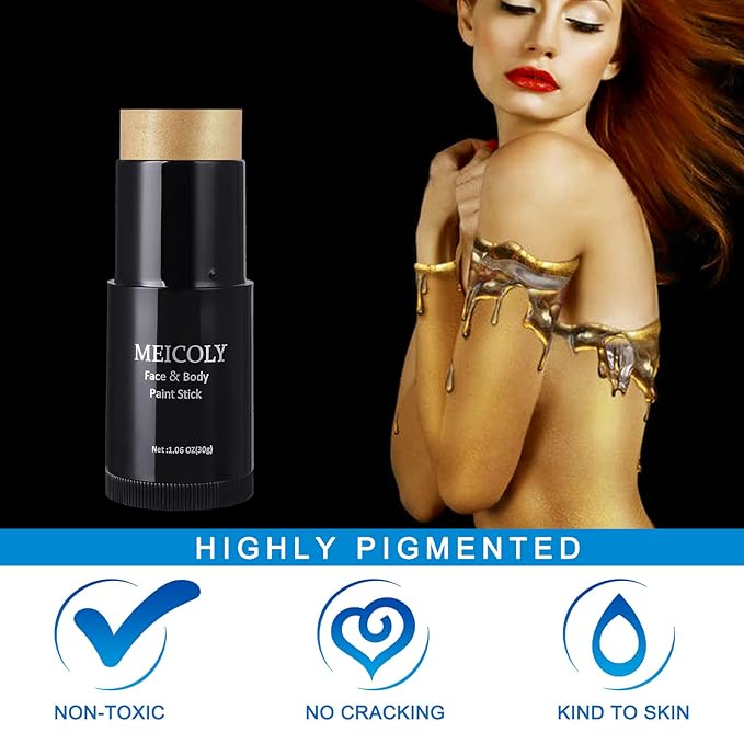MEICOLY Gold Face Body Paint Stick(1.06 Oz),Cream Blendable Face Paint,Sweatproof Waterproof Body Paint Makeup for Halloween Special Effects SFX Cosplay,Metallic Gold