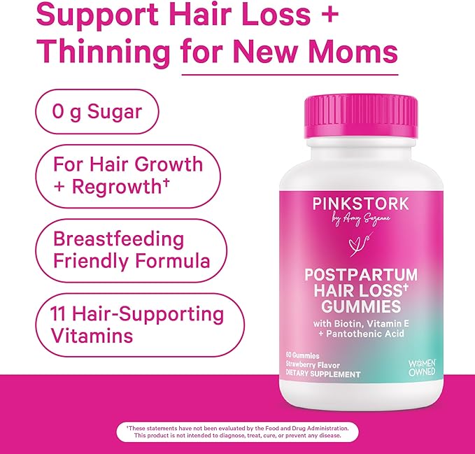Pink Stork Postpartum Hair Loss Gummies - Biotin with Vitamin E, Pantothenic Acid, B6 & B12 for Beautiful & Strong Hair, Skin, and Nails - Postpartum Essentials for New Moms - 60 Gummy Vitamins