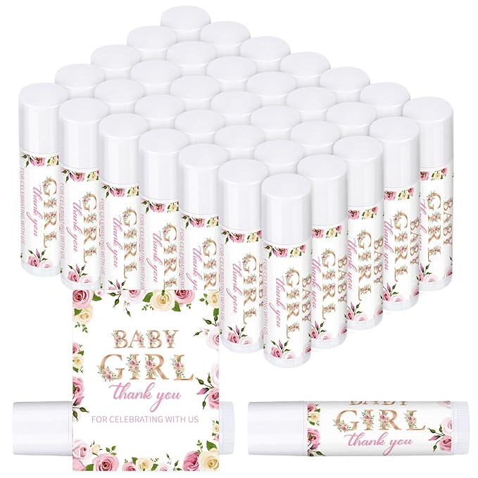 Dunzy 50 Pcs Thank You Gift Lip Balm Bulk Baby Shower Party Favors Bridal Shower Favor Lip Care with Assorted Fruit Flavors Thank You Lipstick for Guest Basket Gift Stuffer (Floral)