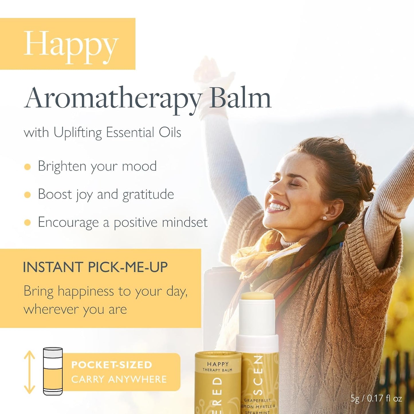 Scentered Aromatherapy Balm Stick - Happy - Mood Boost Roll On Essential Oils Blend for Positive Thinking - 100% Natural: Grapefruit, Cedarwood, Lemon Myrtle Essential Oil - Positive Gifts for Women
