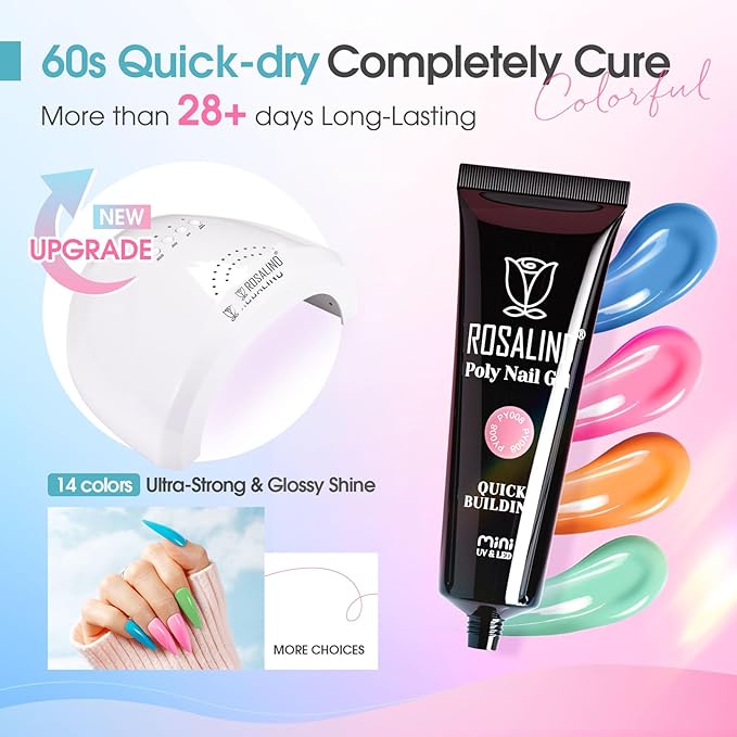 Poly Nail Gel Starter Kit -14 Colors + 75 Nail Art Accessories Kit, ROSALIND Neon Poly Extension Gel with Big UV Light 48W and Electric Nail Drill Starter Kit with Everything