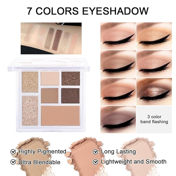 Makeup Kit for Teens Girls, Makeup Present Set for Women, Makeup Full Kit for Beginners, Mini Makeup Bundle Include 7 Latte colors Matte & Shimmer Pigmented Eyeshadow Palette, Eyebrow Powder