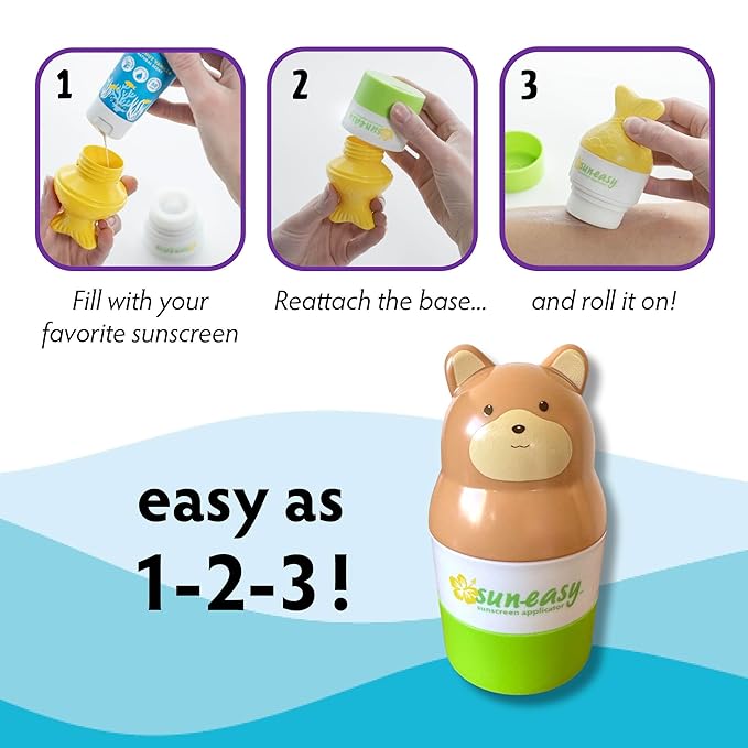 Sun-Easy Sunscreen Applicator, Refillable Roll-On with Sponge for Kids and Babies, Fun, Fast and Mess-Free application, Holds 100 ml, Bear/Green Cap