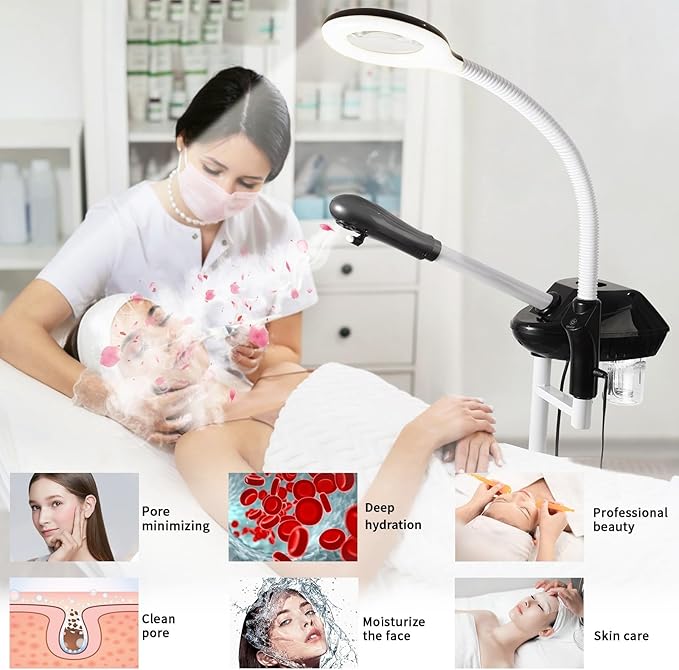 Professional Facial Steamer, 2 in 1 Facial Steamer on Wheels with 5X Magnifying Lamp, Steamer for Face Adjustable Height, Steamer for Facial for Salon, Spa and at Home Use