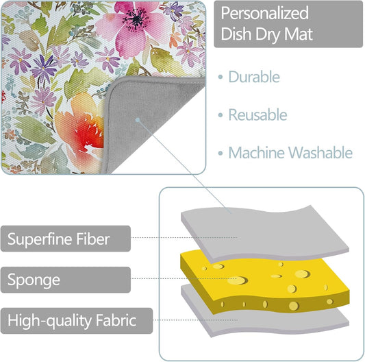 SHIYUE Dish Drying Mat for Kitchen Counter Super Absorbent Spring Kitchen Decor Microfiber Drying Matainers Rack Fast Pad Dish Drainer Mats(Watercolor Floral,18''x24'')