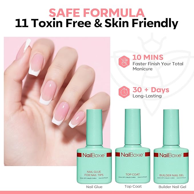 Gel Nail Kit, Top Coat, Nail Builder Gel and Nail Glue for Nail Tips, Press On Nails Kit with LED Light, 150 PCS Long Pink Square, 15 Sizes French Tip Press on Nails