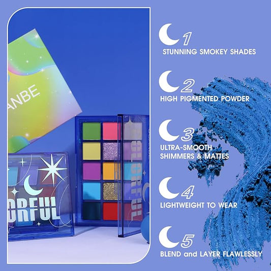 UCANBE Colorful Eyeshadow Palette, 15 Colors Vibrant Bright Shimmer Matte Metallic Neon Eye Makeup Pallet, Rainbow Green Pink Purple Orange Blue High Pigmented Sombras De Ojos Gift Kit