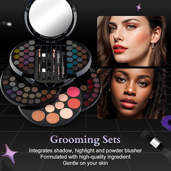 Color Nymph Makeup Kit For Teen Girls, Ball Case Full Kit Makeup Kit For Beginner Practice Professional Makeup Set with 60 colors eyeshadows, 11 colors lip glosses, Highlighter Bronzer Mascara etc