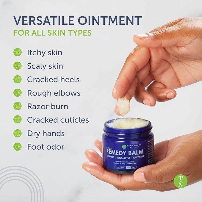 Truremedy Naturals Remedy Balm with Tea Tree Oil, 2 oz - Soothing Moisturizer for Rough Areas - Nourishing Foot and Body Balm with Tea Tree, Lavender, and Eucalyptus