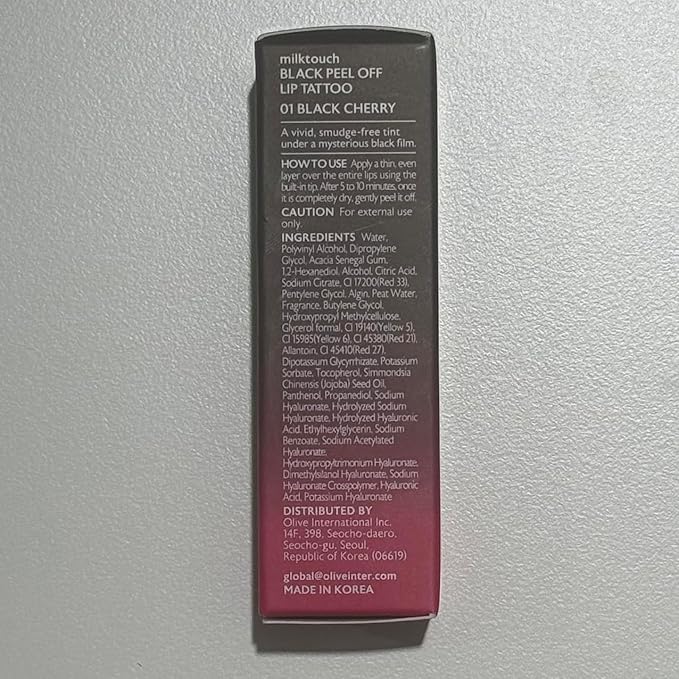 MILKTOUCH Black Peel Off Lip Tattoo - Long-Lasting Matte Lip, Waterproof & Transfer-Proof, Highly Pigmented, Stay-On-All-Day Lip Tint Stain (4.5g) #01 Black Cherry