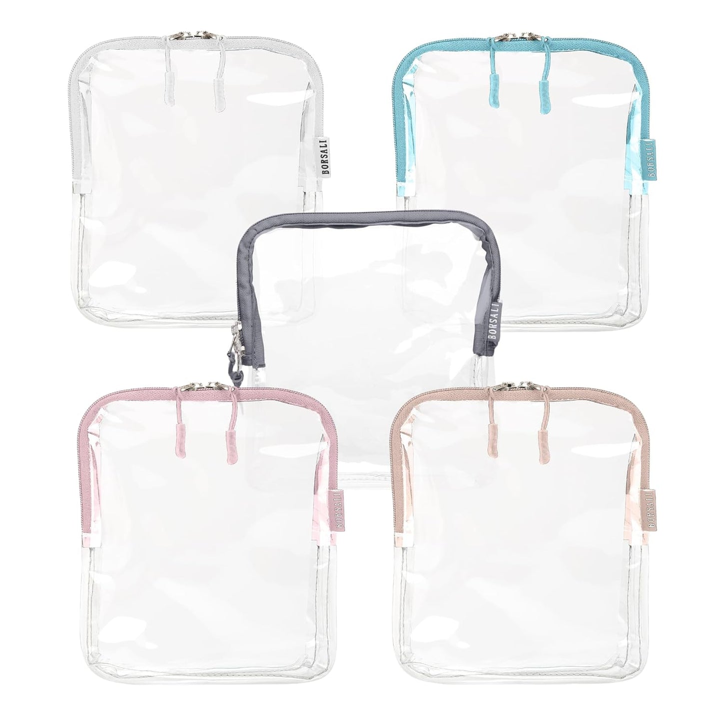 BORSALI TSA-Approved Quart-Sized Bag for Carry-On Travel - One (1) Quart Clear Toiletries, Cosmetic and 3-1-1 Liquids Toiletry Bag - 5 Pack Colors