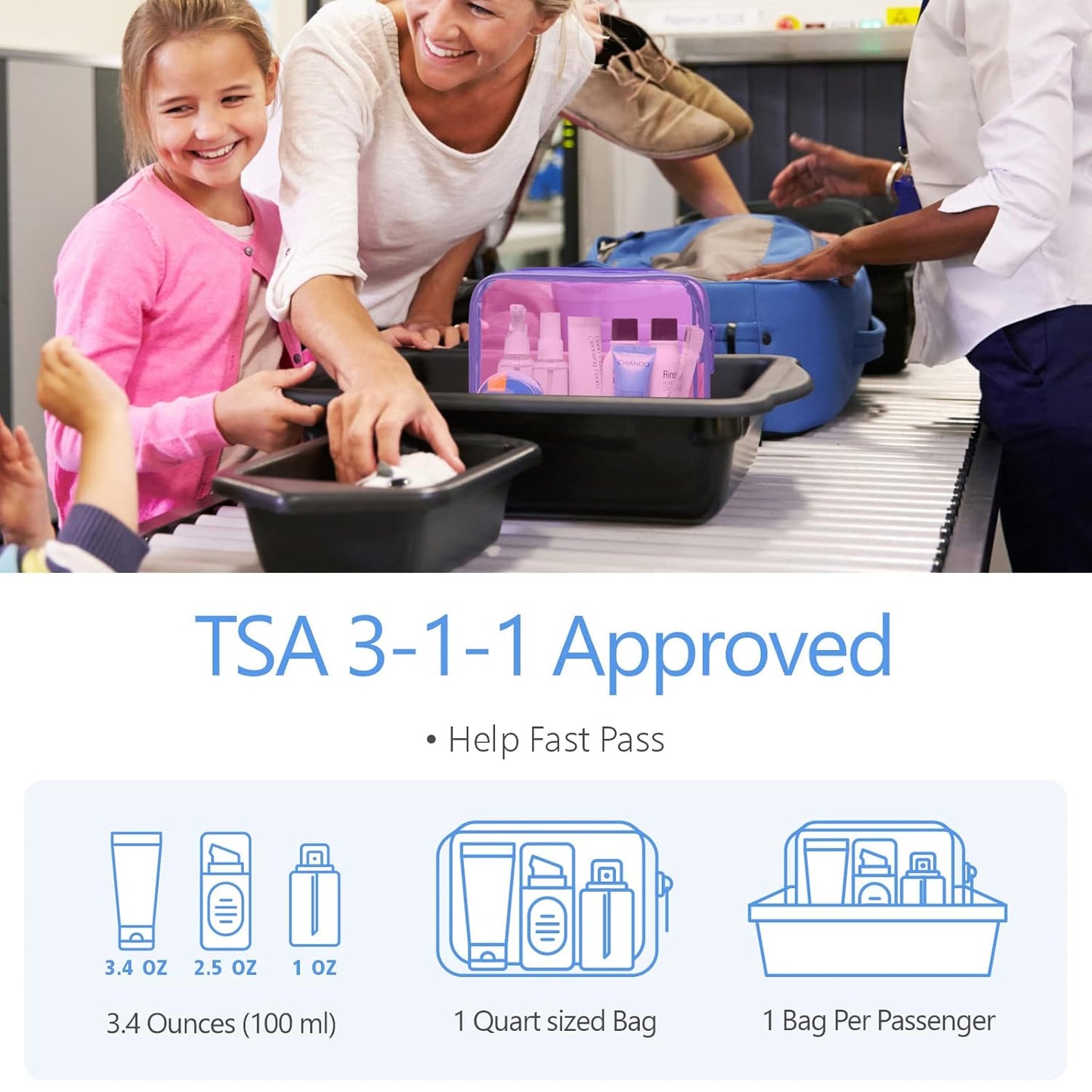 PACKISM TSA Approved Toiletry Bag - 3 Pack Quart-sized Clear Toiletry Bag with Zipper, Clear Makeup Bags Fit Travel Size Toiletries, Carry-onTravel Bags, Light Pinkish Purple